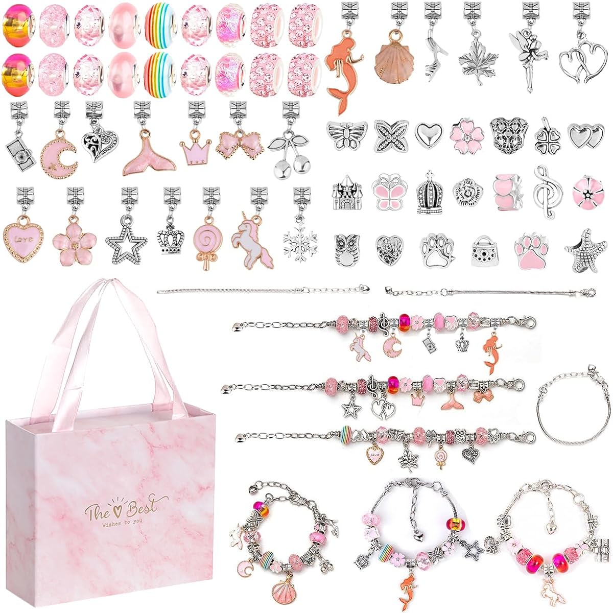 OceanWings DIY Charm Bracelet Making Kit for Girls Jewelry Making Kit for Ages 8-12 with Bracelet Making Beads (Pink Series)