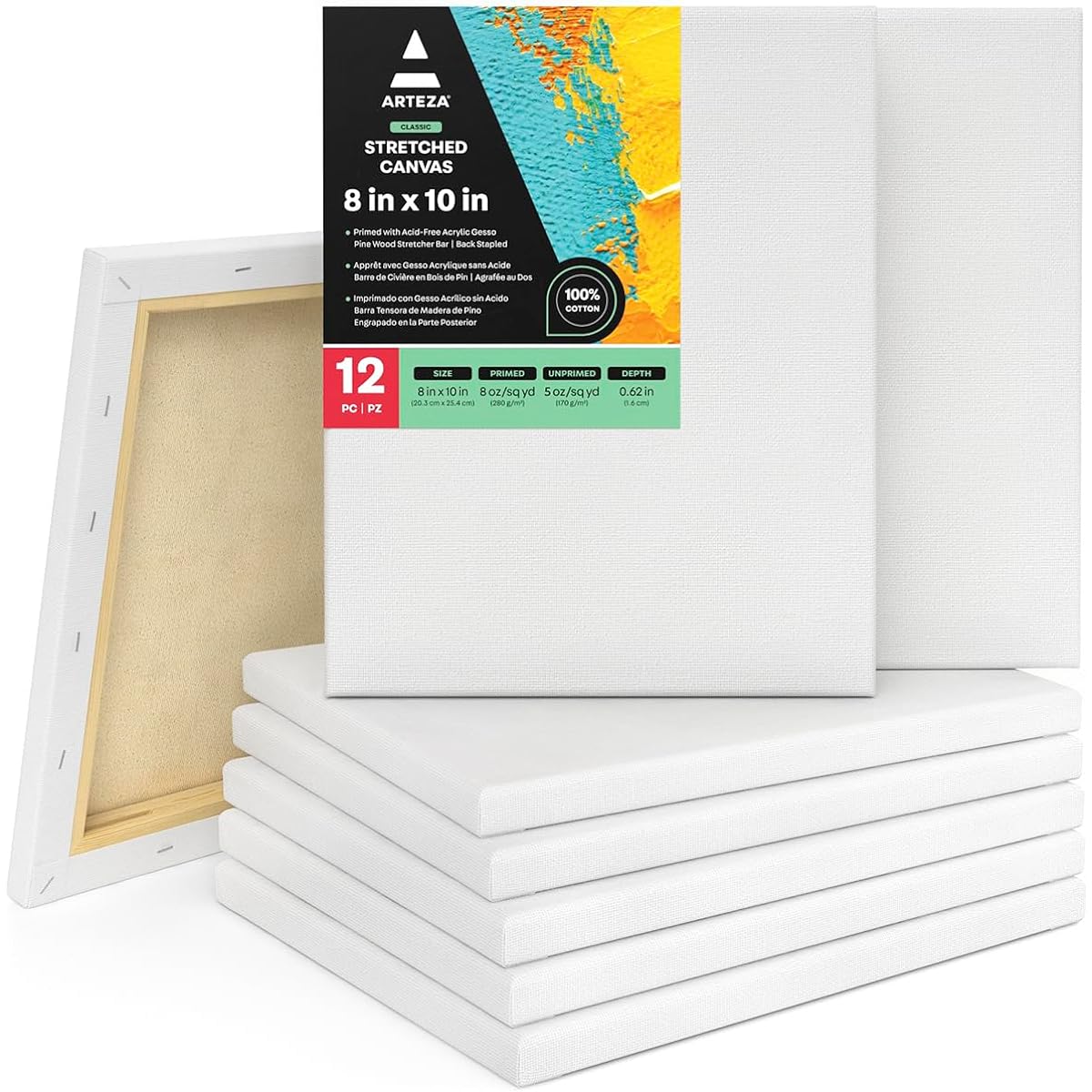 ARTEZA Stretched Canvas 100% Cotton Blank, 8x10 Inch, Primed Canvas for Painting, Acrylic Poring, Oil Paints, Water-Based Paints, Pack of 12