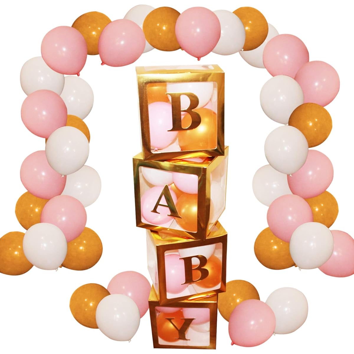 Fun Land 4pcs Gold Baby Boxes 30pcs White Pink Gold Free Balloons Baby Shower & Gender Reveal Decorations for Boy Girl Baby (4 Boxes/30 Balloons, Gold/Pink/White)
