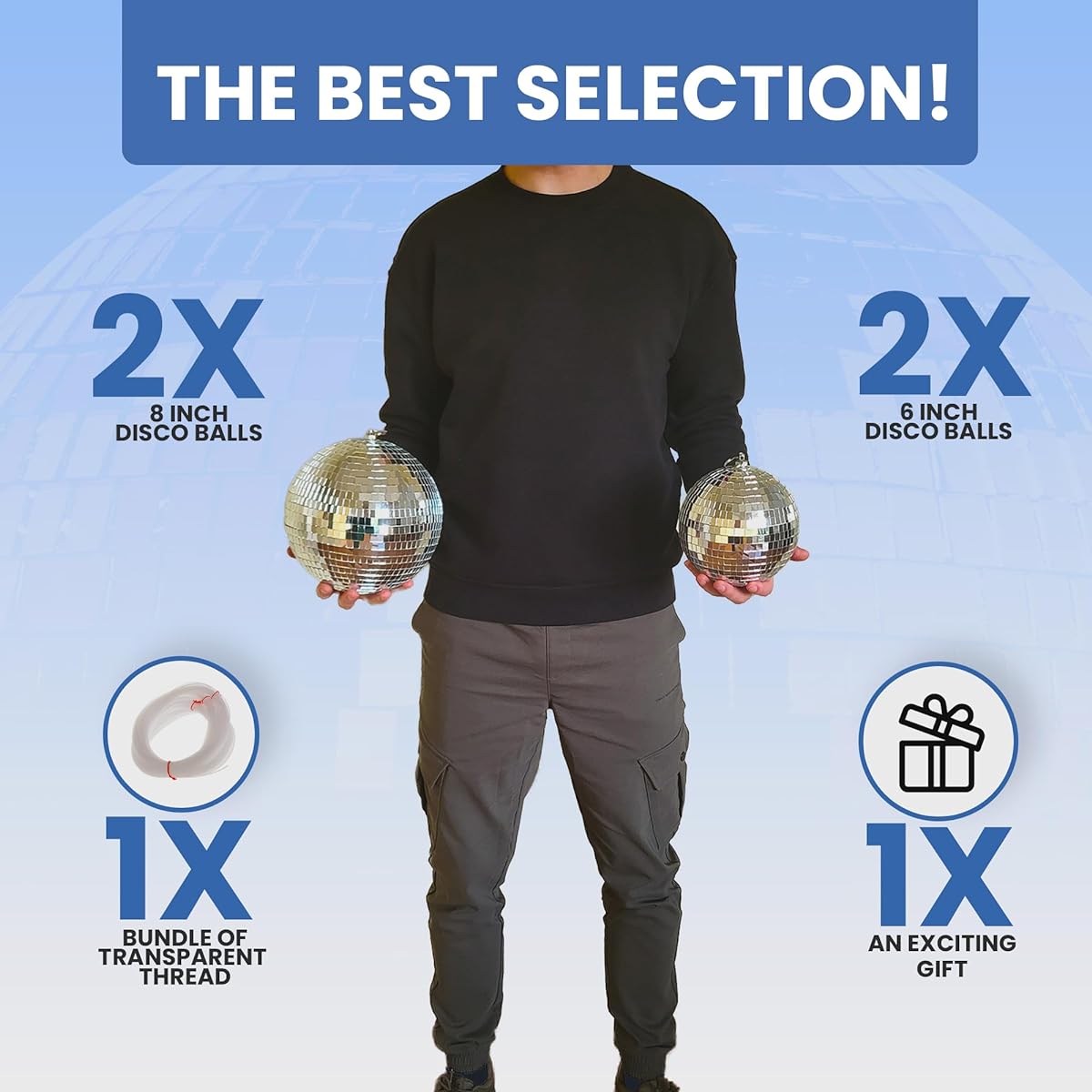 SPARKLINGBALLS - Set of 4 Large Silver Disco Balls - 2 8" Mirror Balls and 2 6" Mirror Balls - Large Hanging Disco Ball Home Decoration - Small Funky Disco Ball Bulk Party Decorations