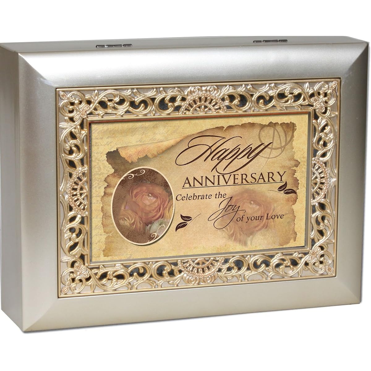 Cottage Garden Music Box - Happy Anniversary Plays Unchained Melody With Ornate Champaign Silver Finish