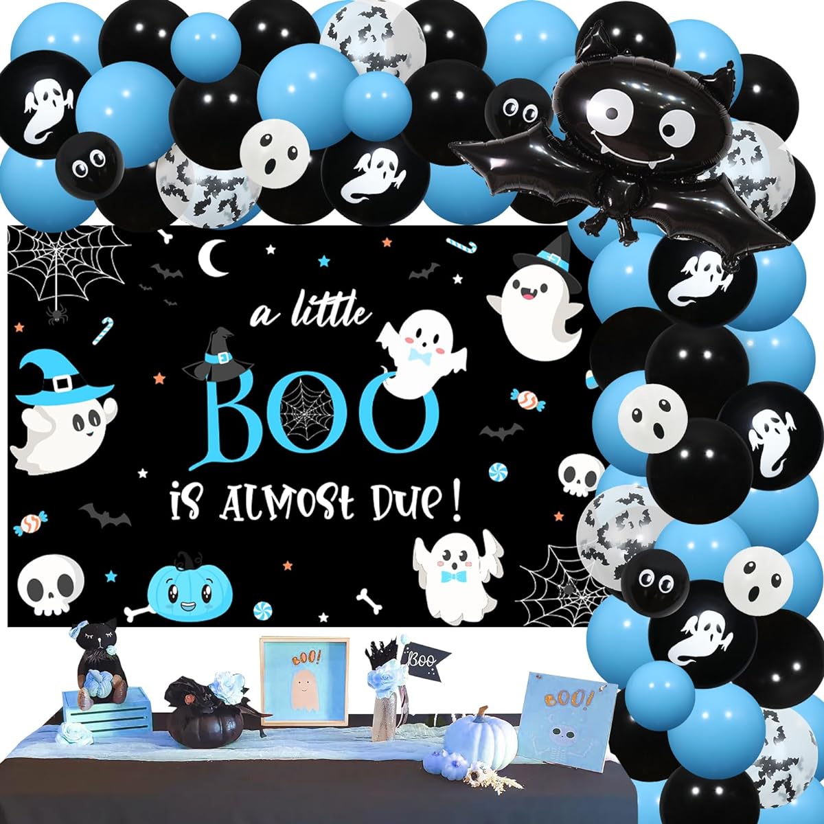 Halloween Baby Shower Decorations for Boys A Little Boo Is Almost Due Balloon Garland Arch Kit with Backdrop Blue Black Halloween Party Supplies