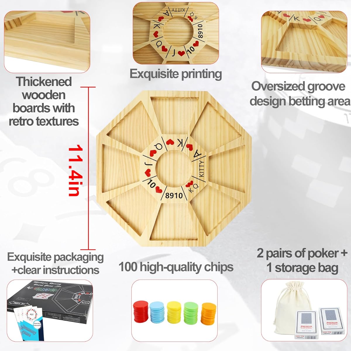 Jyquorp Michigan Rummy Game Deluxe Set Royal Game of Hearts Rummy Poker Wooden Tripoli Board Game Betting Bluff Game Classic Family Card Game for 100 Chips