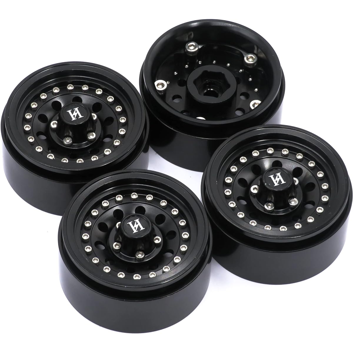 HOBBYSOUL 1.9 Beadlock Wheels 130g/Rim Aluminum 1.9 Beadlock Wheels Black 12mm Hex Rim Compatible with Axial SCX10 / Traxxas TRX-4 / Tamiay CC01 / Redcat Gen8 / RC4WD D90 D110 TF2 (Pack of 4)