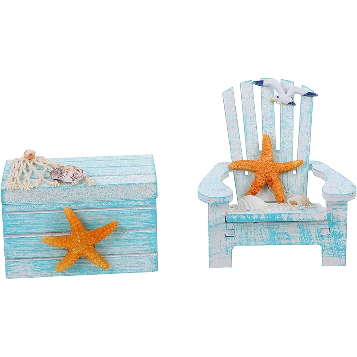 HIPIHOM 2 Pieces Mediterranean Style Beach Chair Ornament Mini Wooden Box Furniture Starfish Decoration for Home Company Dollhouse