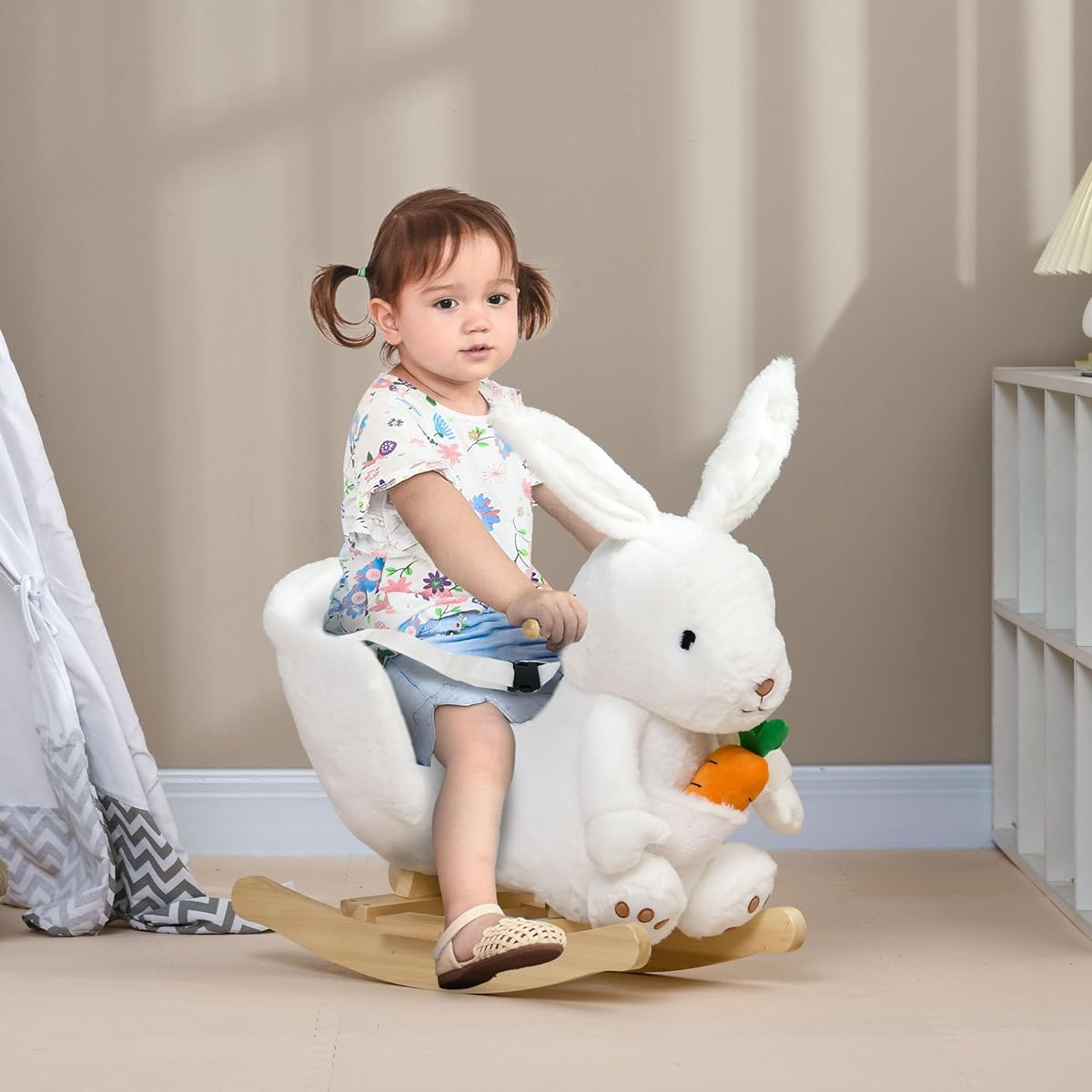 Qaba Baby Rocking Horse Riding Rabbit Themed Rocker with Carrot Toy, Realistic Sounds and Pedals for Boys and Girls Ages 18-36 Months, White