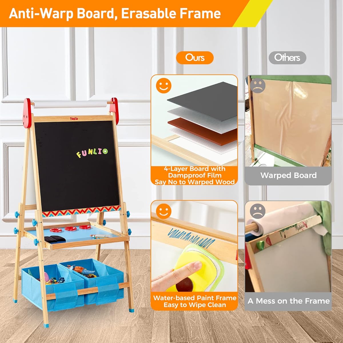 FUNLIO Art Easel for Kids 2-8 Years Anti-Warp Board & Erasable Frame Toddler Painting Easel with Magnetic Chalkboard/Whiteboard 3 Adjustable Height All-in-One Standing Easel with Paper Roll