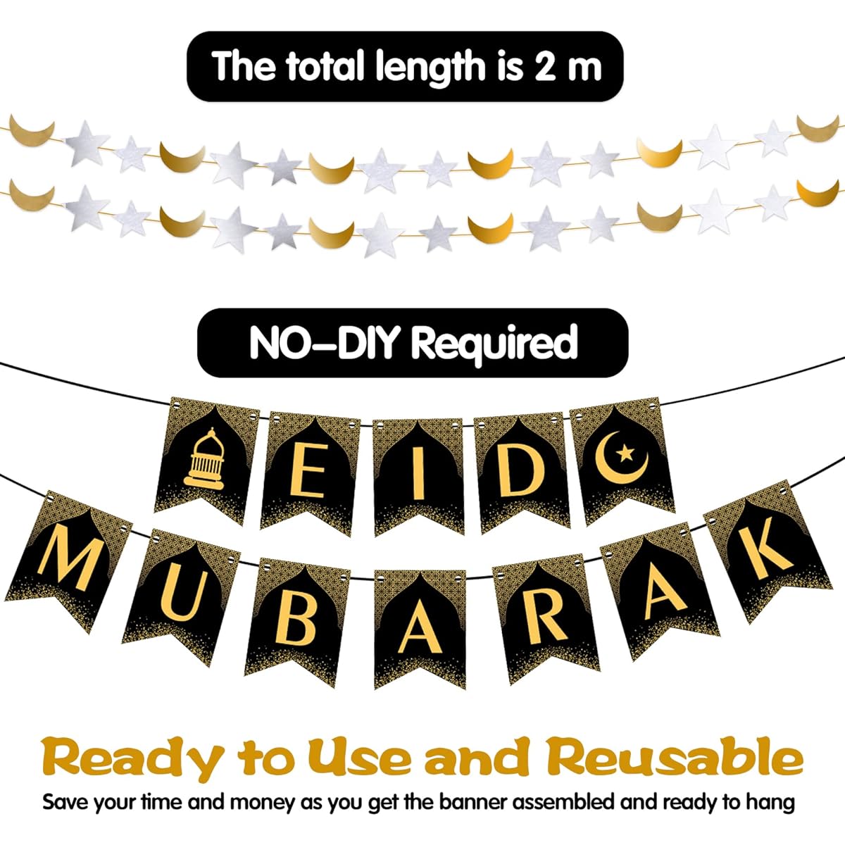 Eid Mubarak Decorations for Home 2023 2 in 1 Happy Ramadan Eid Mubarak Banner Wall Decor Eid Al Fitr Muslim Festival Party Supplies