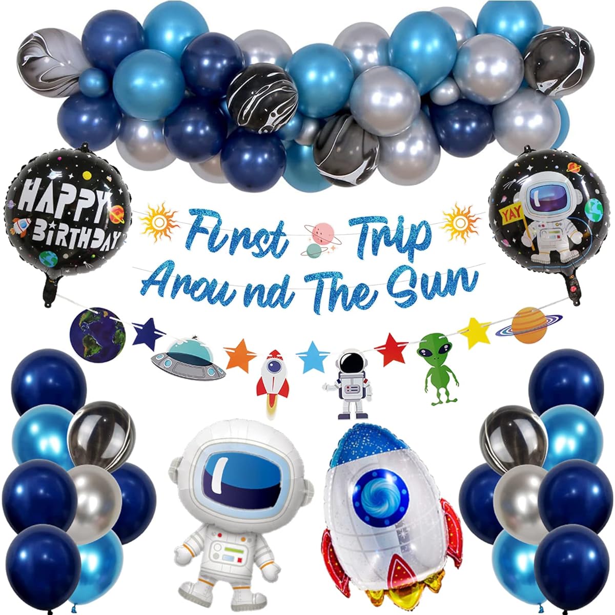 First Trip Around the Sun Birthday Decorations, Space Theme Party Balloons Garland Arch Kit Stars Solar System 1st Birthday Banner HBD Astronaut Rocket Balloons Baby Shower Party Supplies Decoration