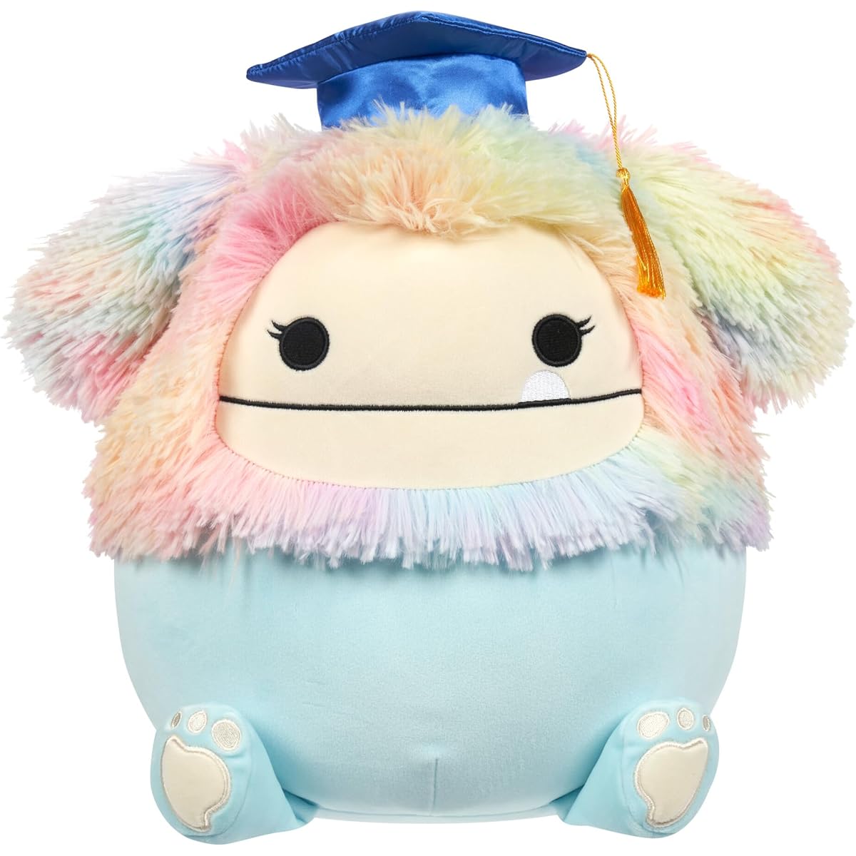 Squishmallows Original 12" Zozo Blue Bigfoot with Rainbow Mane and Graduation Cap Official Jazzwear Plush Toy