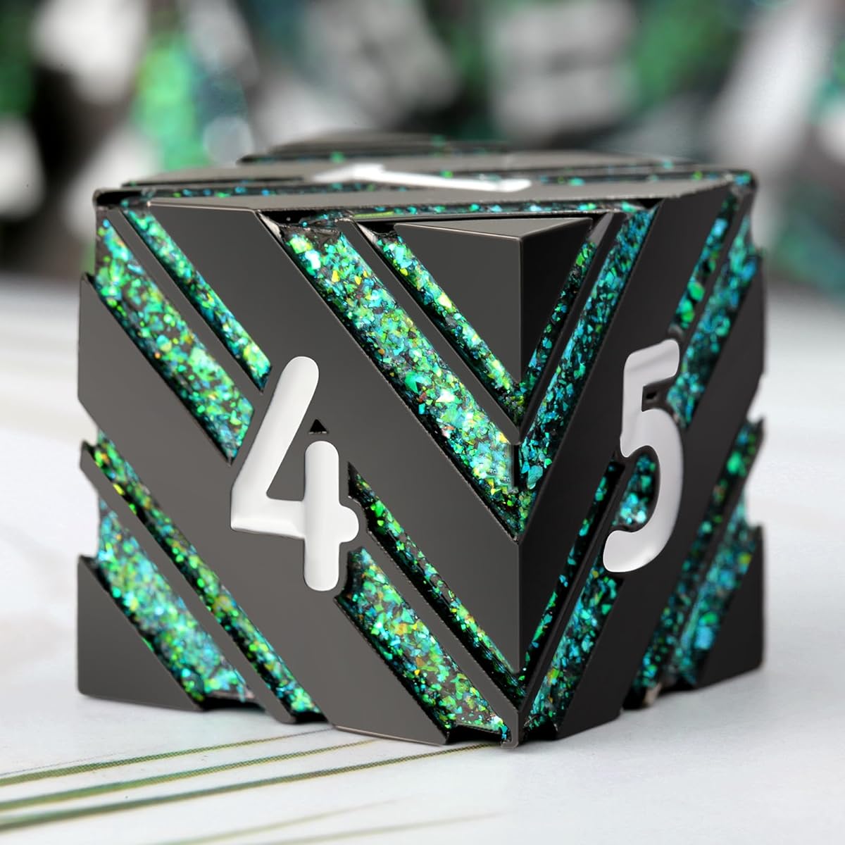 DNDND Striped D&D Dice Metallic Glitter Striped Dice with Metal Box for Dungeons and Dragons Tabletop Games (Green Stripes)