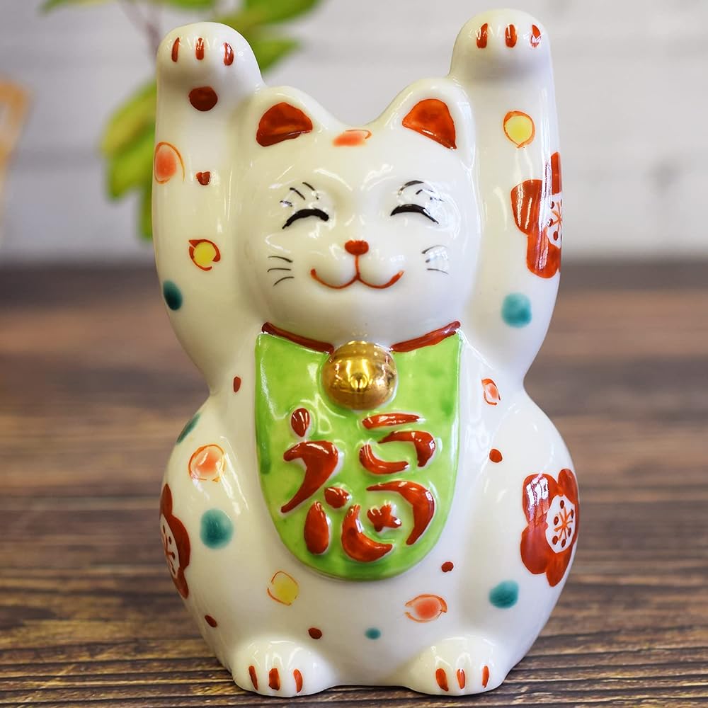 Lucky Cat Ornament Ceramic Kutani Ware Raised Hands Lucky Cat Flower Pattern Feng Shui Good Luck Interior Japanese Style Accessories