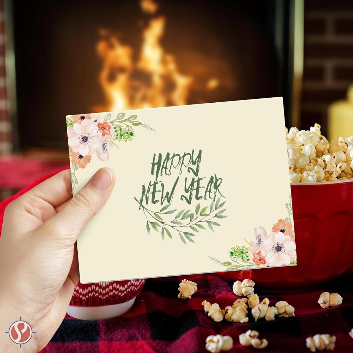 Happy New Year Elegant Beautiful Floral Holiday Wrap-around Greeting Cards Christmas Xmas New Year Gift Present 4.25 x 5.5 Inch (A2 Size) 10 Cards and 10 Envelopes