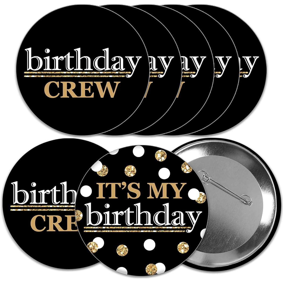 Big Dot of Happiness Adult Happy Birthday Gold 3" Birthday Party Badges Pinback Buttons Set of 8, Metal, No Gemstones.