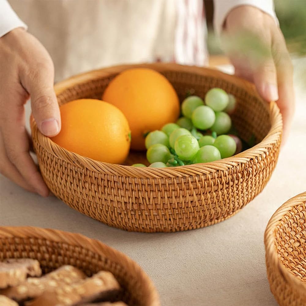 Lirancia Rattan Basket, Made of Rattan, Natural Material, Round, Shallow Tray, Deep, Lightweight Box, Durable, Vegetables, Bread, Japanese Style Bag [Set of 3 Shallow Types]