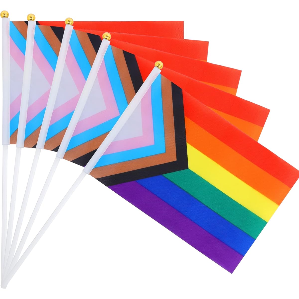 Hananona 50pcs Small Progress Pride Rainbow Flags Mini LGBT Handheld Stick Flags Party Decoration Supplies for Mardi Gras Parade Rainbow Festival (Progress Pride Flag)
