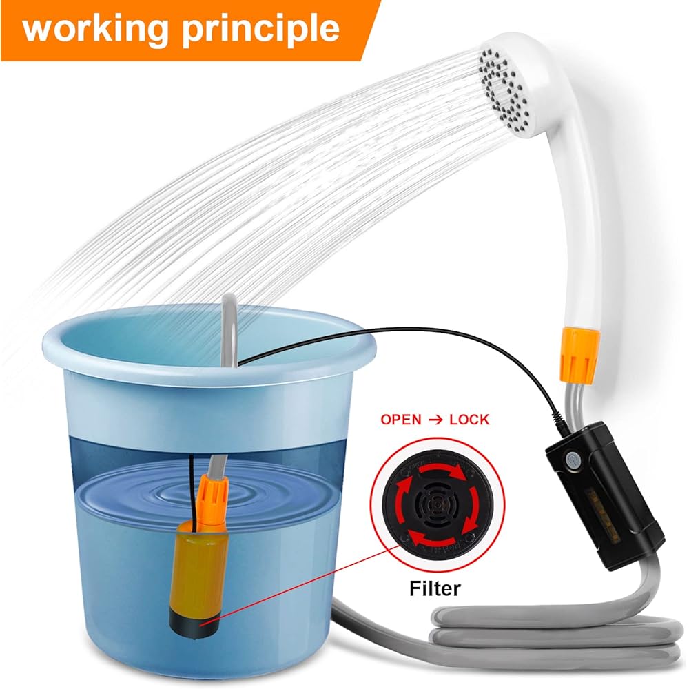 AZXJC Portable Camp Shower, Camp Shower Pump with Removable USB Rechargeable Battery, Portable Outdoor Shower Head - Pumps water from a bucket into a steady, gentle shower stream for camping, travel