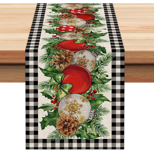 ARKENY Christmas Table Runner 72" Black White Buffalo Plaid Balls Holly Coffee Home Dining Indoor Winter Seasonal Holiday Farmhouse Tabletop Decor AT349