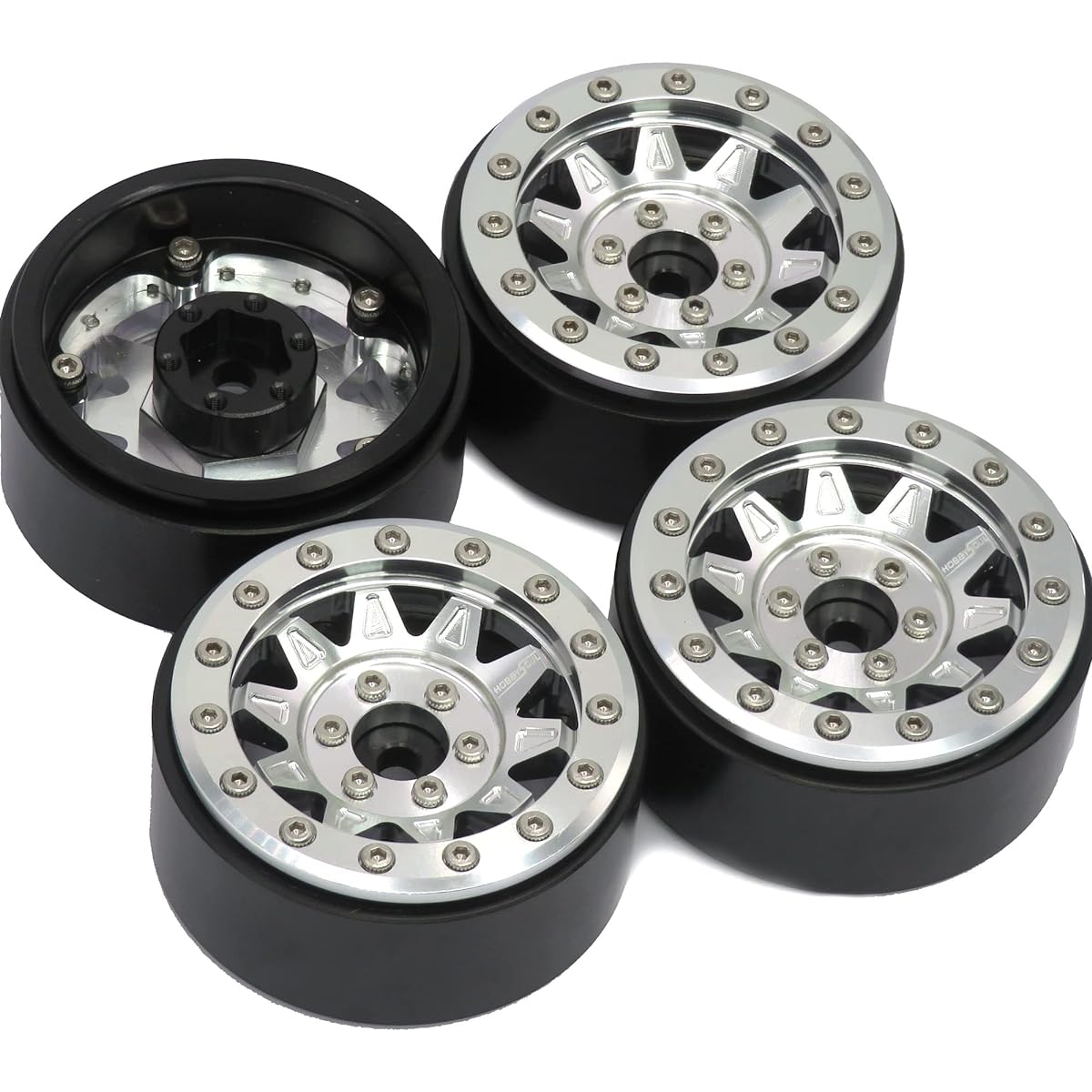 HOBBYSOUL RC 1.9 Beadlock Wheels Silver Crawler 1.9 Wheel Weights Heavy Duty Beadlock Ring 128g/Rim for Traxxas TRX-4 / RC4WD D90 D110 TF2 / Tamiay CC01 / Axial SCX10 III 90047 AXI03007 (4 Pack)