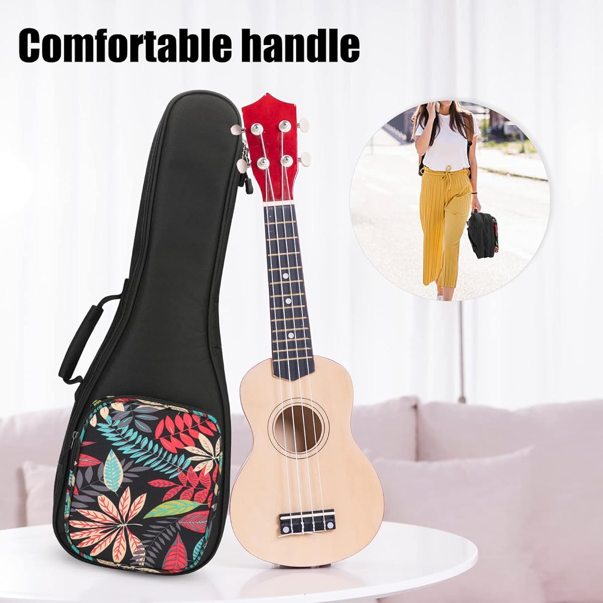 MUINS Ukulele Bag 21 23 26 Ukulele Case Thick Pad for Soprano Concert Tenor Uke with Double Adjustable Strap and Handle (26 Inch, Black Leaves)