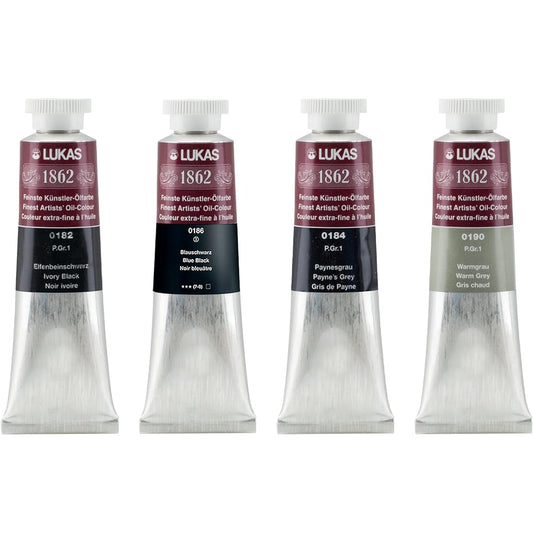 Lukas 1862 Professional Artist Oil Paints - Fast Drying, Non-yellowing, High Pigment Oil Paints Gray to Black 37ml - Set of 4