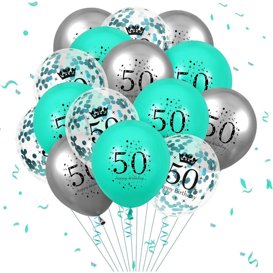 50th Teal Birthday Balloons Decorations - 15pcs Teal Silver 50th Happy Birthday Balloons for Women and Men, 50th Anniversary Cyan Birthday Party Latex Clear Confetti Balloons Decorations for Indoor and Outdoor Supplies
