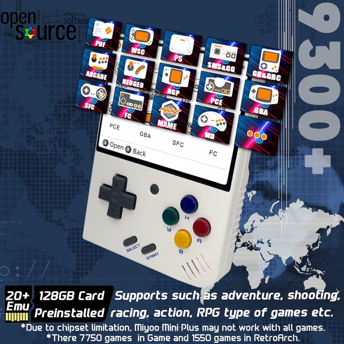 Miyoo Mini Plus Handheld Game Console 3.5 Inch Miyoo-Mini+ Pocket Portable Retro Video Game Console Rechargeable Handheld Classic System Open Source White 128GB