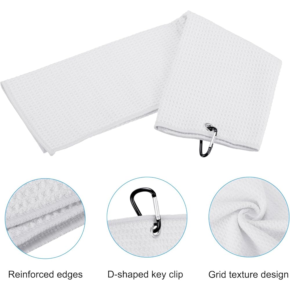 PATIKIL 60 x 40 cm Tri-Fold Golf Towel 3 Pieces Waffle Pattern Towel Soft Fiber Strong Water Absorption with D Clip for Golf Enthusiasts White