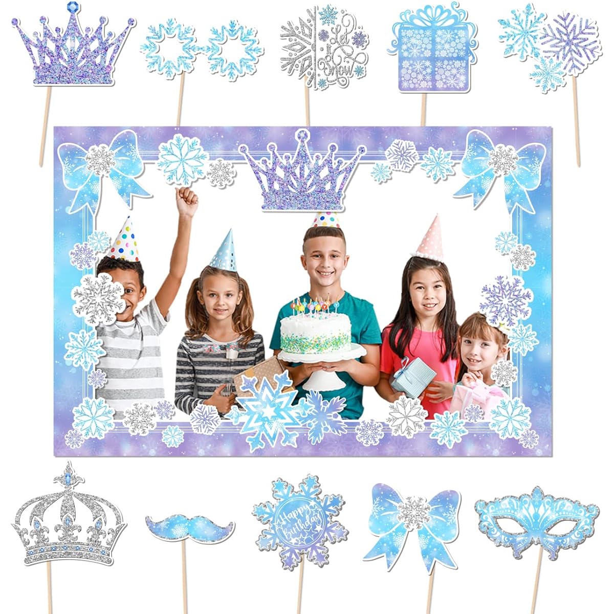 Frozen Snowflake Photo Booth Props Winter Wonderland Christmas Selfie Props with Photo Frame for Boys Girls Winter Snowflakes Frozen Birthday Christmas Holiday Party Decoration Supplies