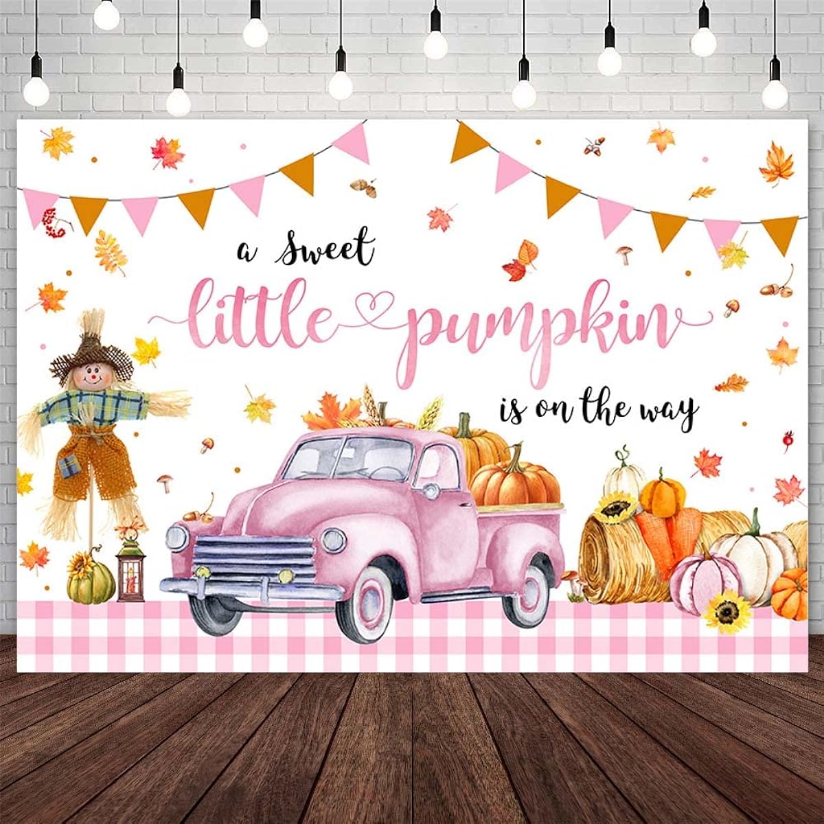 AIBIIN 7x5ft Pumpkin Baby Shower Backdrop for Girls, Fall Little Pumpkin Baby Shower Party Decorations, Pink Car Scarecrow Maple Leaf Baby Shower Banner Photo Studio Props
