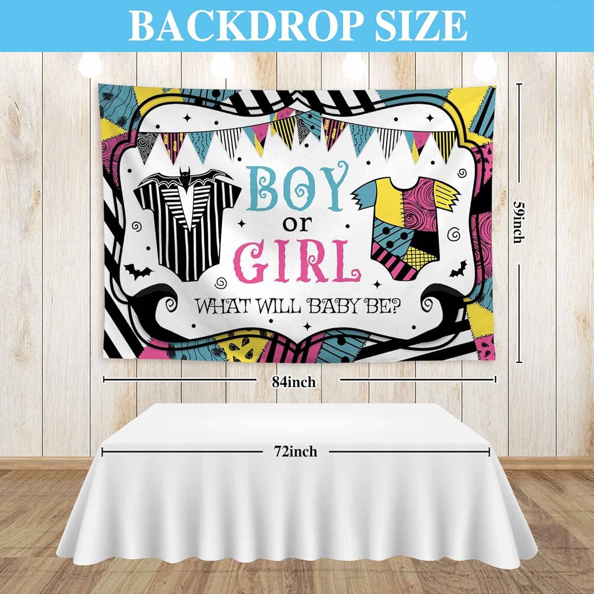 Allenjoy 84" x 59" Halloween Nightmare Gender Reveal Backdrop Boys Girls He or She What Will Baby Be Party Supplies Background Banner Decor Photo Booth Props Gift