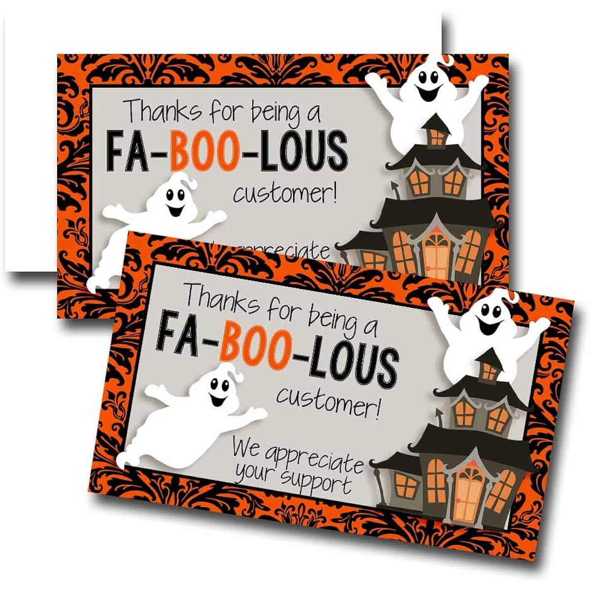 AmandaCreation Funny Customers Halloween Ghost Themed Thank You Small Business Package Inserts 2" x 3.5" Single Sided Insert Cards, 100 Count