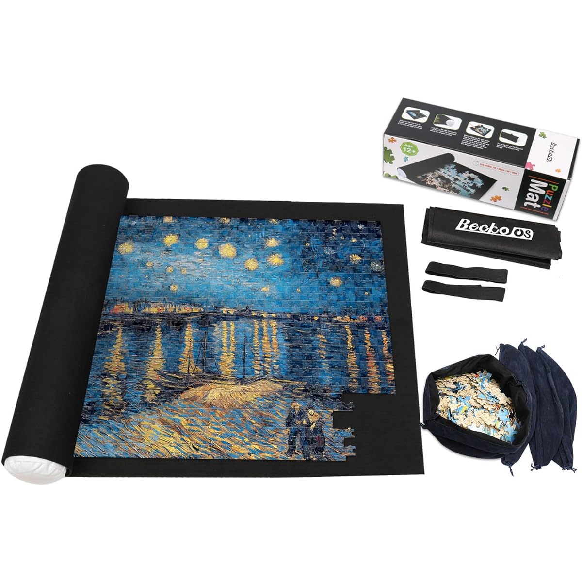 Becko Jigsaw Puzzle Roll-Up Mat with 4 Sorting Pouches & Drawstring Storage Bag, Puzzle Storage Felt Mat for up to 1,500 Pieces, Eco-Friendly Materials, for Jigsaw Puzzle Players