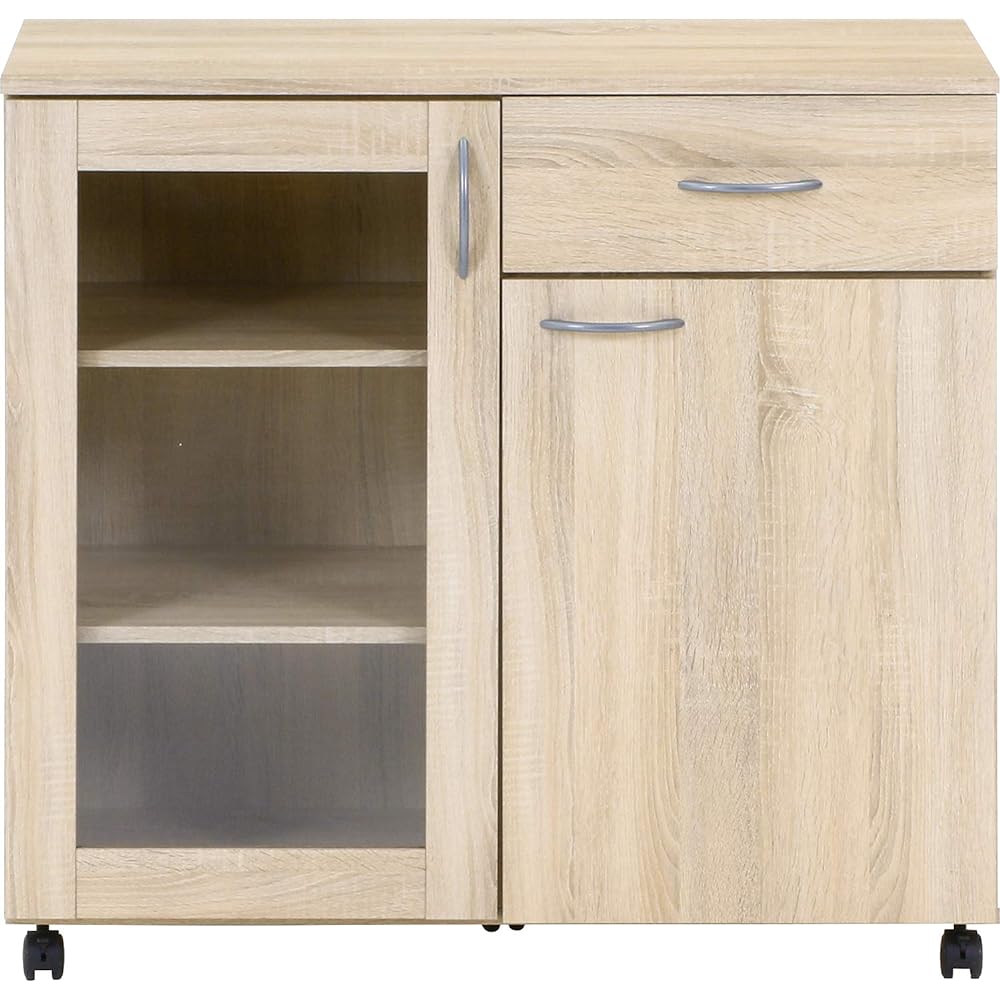 Fuji Boeki Cupboard Cabinet Kitchen Storage Width 90 x Depth 39.8 x Height 84 cm Antique White Wood Grain with Casters 99903