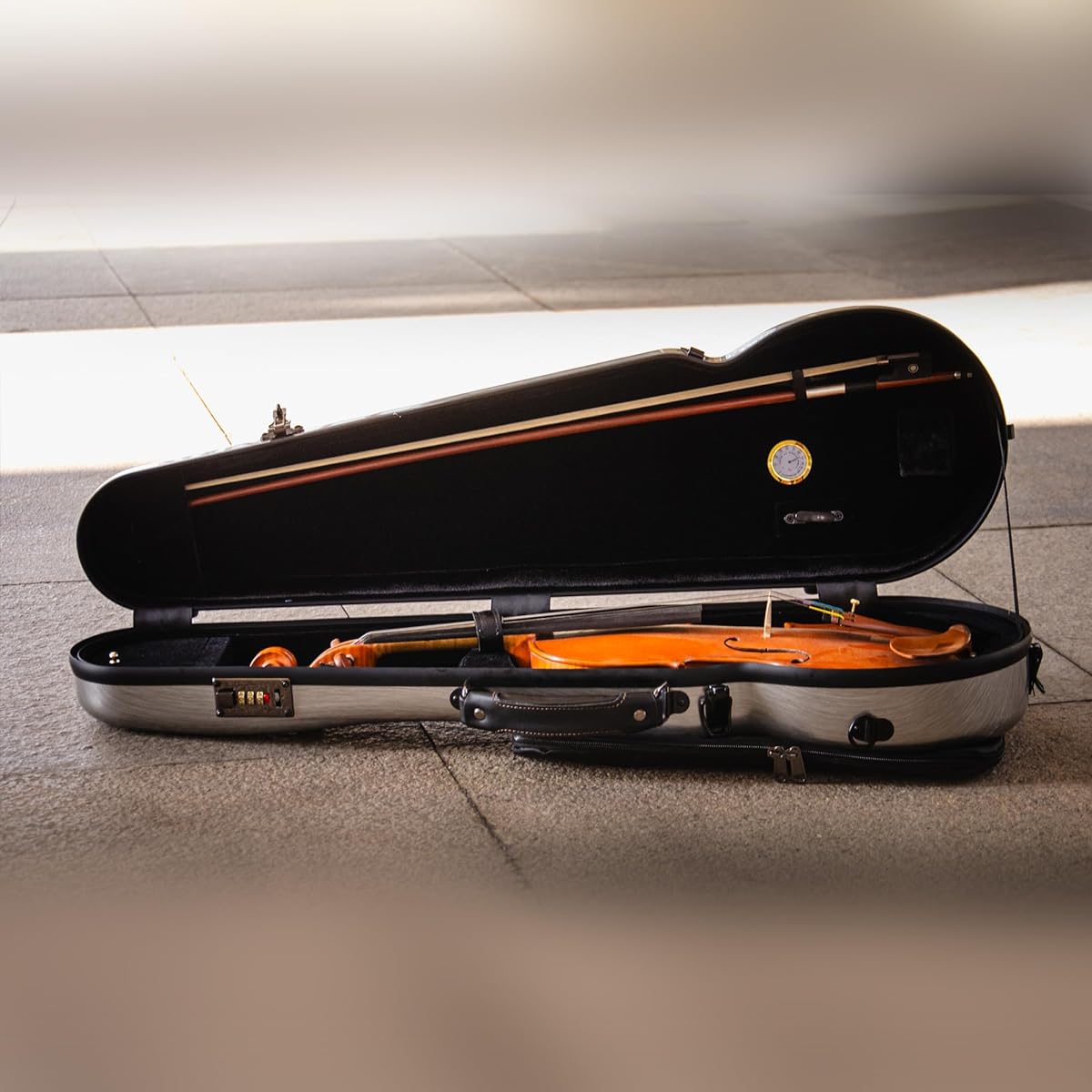 Christiana Carbon Fiber Long Triangle Violin Case with Hygrometer and Password Lock (Silver Gray)