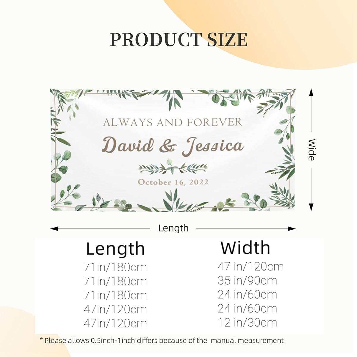 Always and Forever Banner 47" x 12" Customizable with Name and Date Wedding Anniversary Wedding Engagement Banner Personalized Elegant Green Celebration Banner Custom Wedding Sign Wedding Engagement Party Supplies Decoration (White)