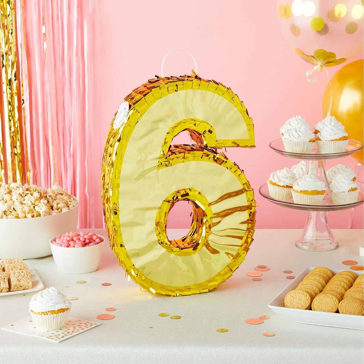 Gold Foil Number 6 Pinata for 6th Birthday Party Decorations Centerpieces for Anniversary Celebration (Small 15.5 x 10.5 x 3 Inches)