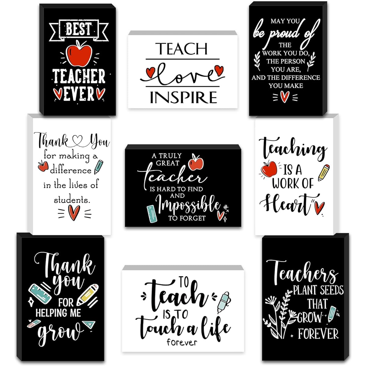 9 Pieces Mini Inspirational Wooden Signs Teacher Office Desk Decor, Teacher Appreciation Day Gift, Year-end Teacher Gift, Bathroom Shelf Decoration, Cheer Up Gift for Preschool (Black and White)