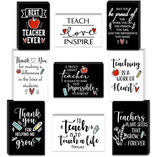9 Pieces Mini Inspirational Wooden Signs Teacher Office Desk Decor, Teacher Appreciation Day Gift, Year-end Teacher Gift, Bathroom Shelf Decoration, Cheer Up Gift for Preschool (Black and White)