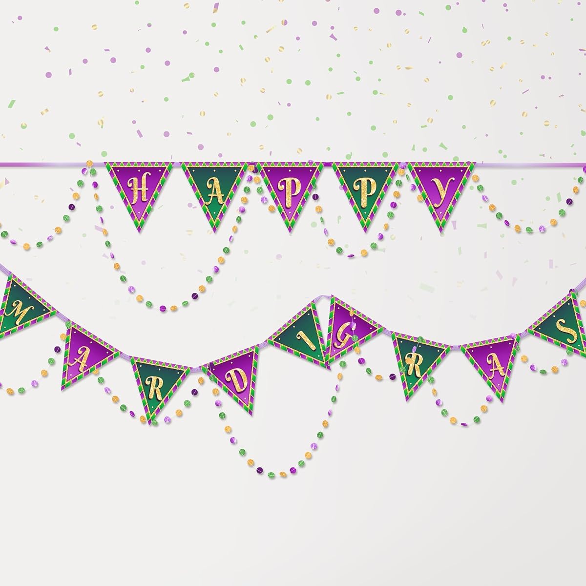 Green Purple Gold Happy Mardi Gras Banner and Paper Bead Garland Set Mardi Gras Decorations Triangle Flags Mardi Gras Party Supplies