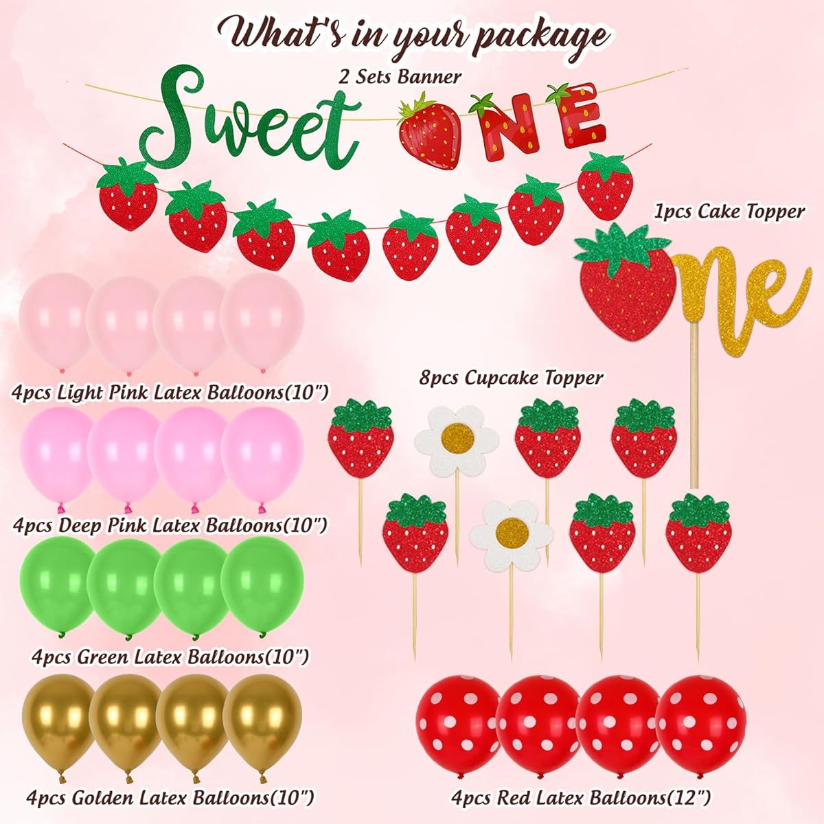 Whaline Strawberry 1st Birthday Decorations Supplies, Strawberry Theme Banner, Latex Balloons, Cake Cupcake Toppers for Sweet One, First Birthday, Summer, Fruit, Strawberry, Shortcake Party Supplies, 31pcs