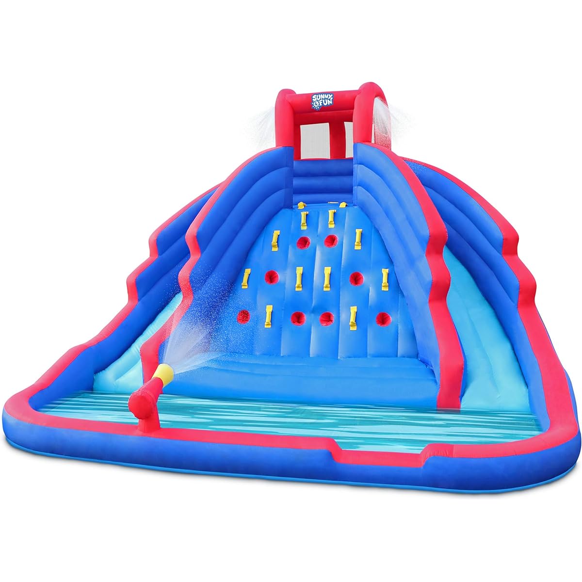 Deluxe Inflatable Water Slide Park - Durable Nylon Bouncy Station for Outdoor Play - Climbing Wall, 2 Slides & Splash Pool - Easy to Set Up and Inflate, Air Pump & Carry Case Included