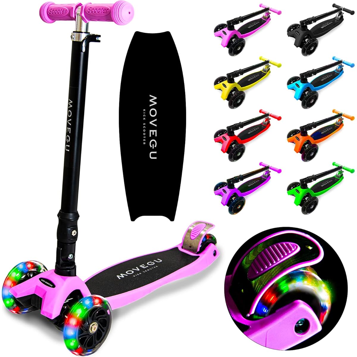 MOVEGU [4-level height adjustment x glowing LED tires x lightweight and sturdy] [foldable x easy to carry] Kick scooter for kids [3-wheel type x direction change x rear wheel brake] Christmas gift