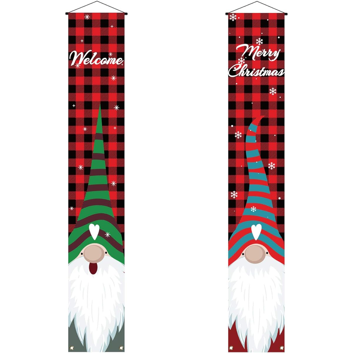 Rainlemon Welcome and Merry Christmas Gnome Porch Banner Black and Red Buffalo Check Checkered Plaid Front Door Sign Decoration