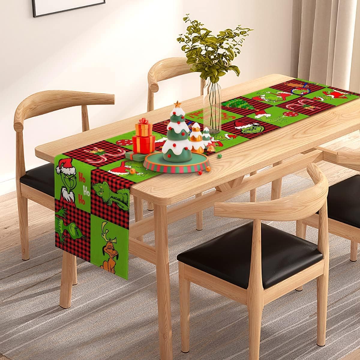 Pudodo Merry Grinchmas Table Runner Buffalo Check Christmas Winter Holiday Party Fireplace Kitchen Dining Room Home Decor (13" x 90")