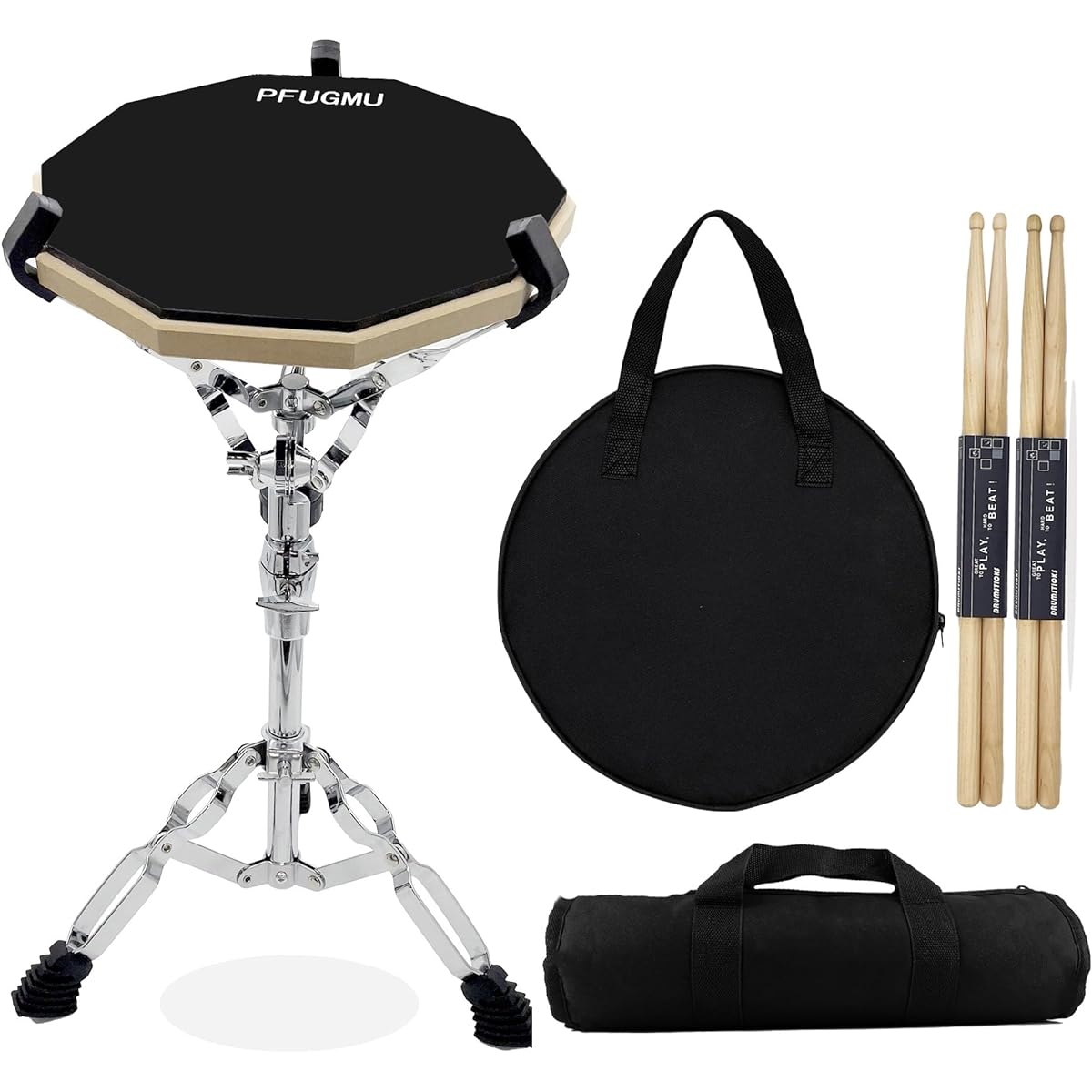 PFUGMU Practice Drum Pad Stand Kit, 11" Silicone Silent Drum Pad with Adjustable Snare Drum Stand, 5A Drumsticks & Carry Bag, Black