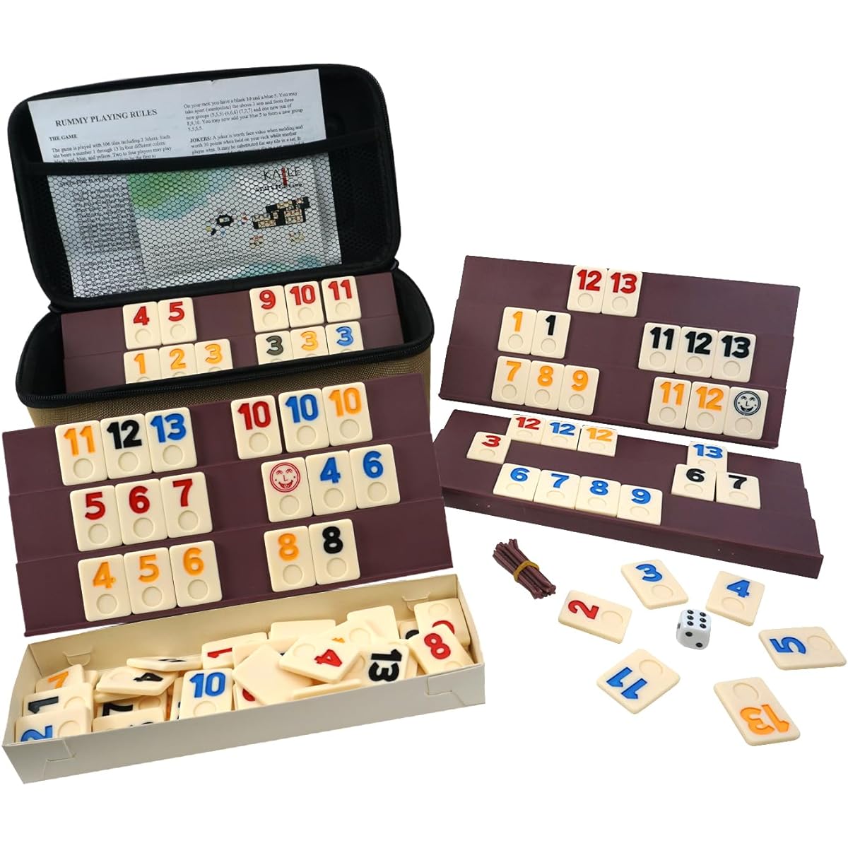 KAILE Rummy Cube Game with 4 Non-Slip Trays, 106 Rummy Tiles Game Set, Travel Original Game with Portable EVA Case for Family and Kids