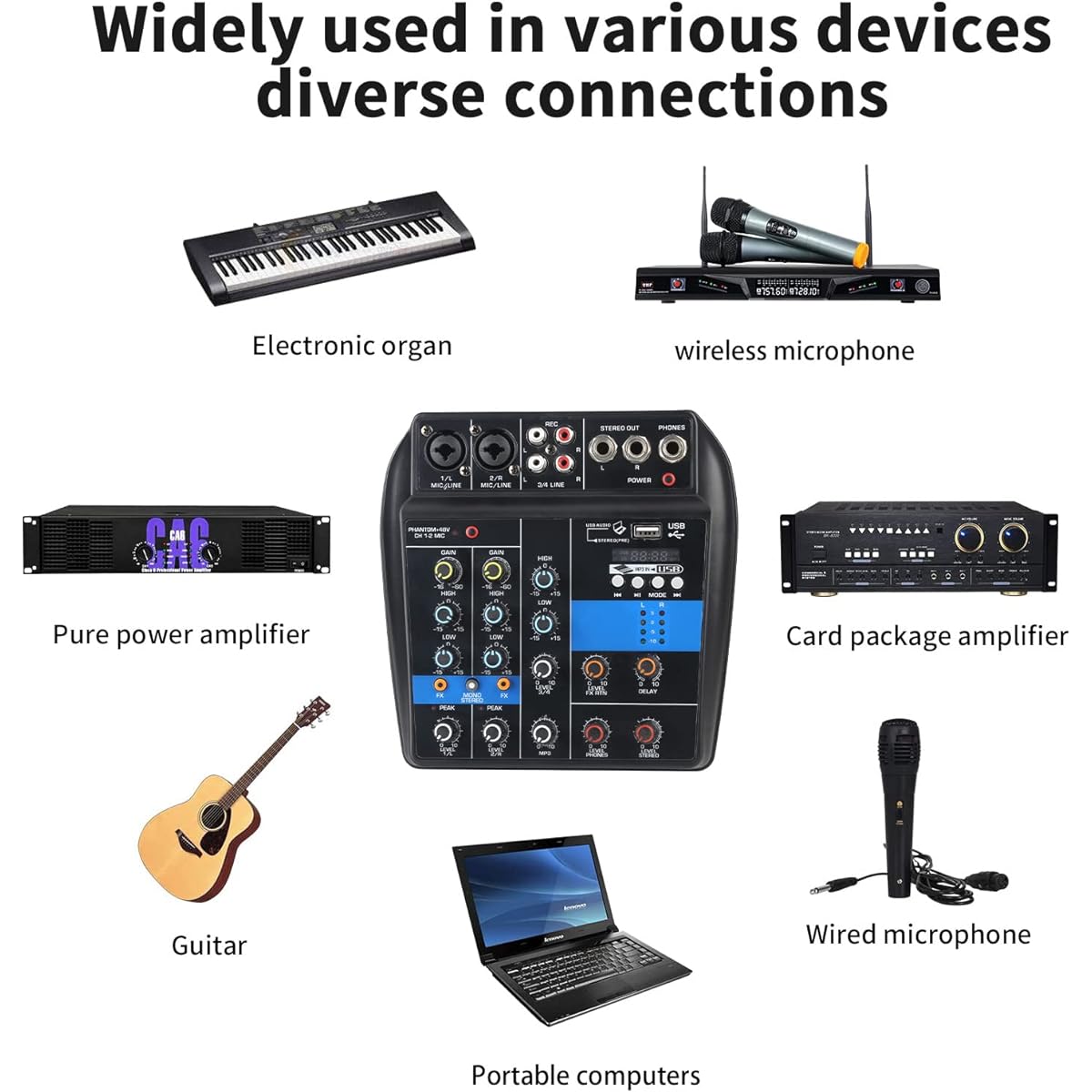 Mini Audio Mixer 4 Channel Sound Mixing Board USB Bluetooth MP3 Computer Input Audio Sound Mixer 48V Phantom Power Stereo DJ Studio Streaming Media FX Reverb Delay Processor