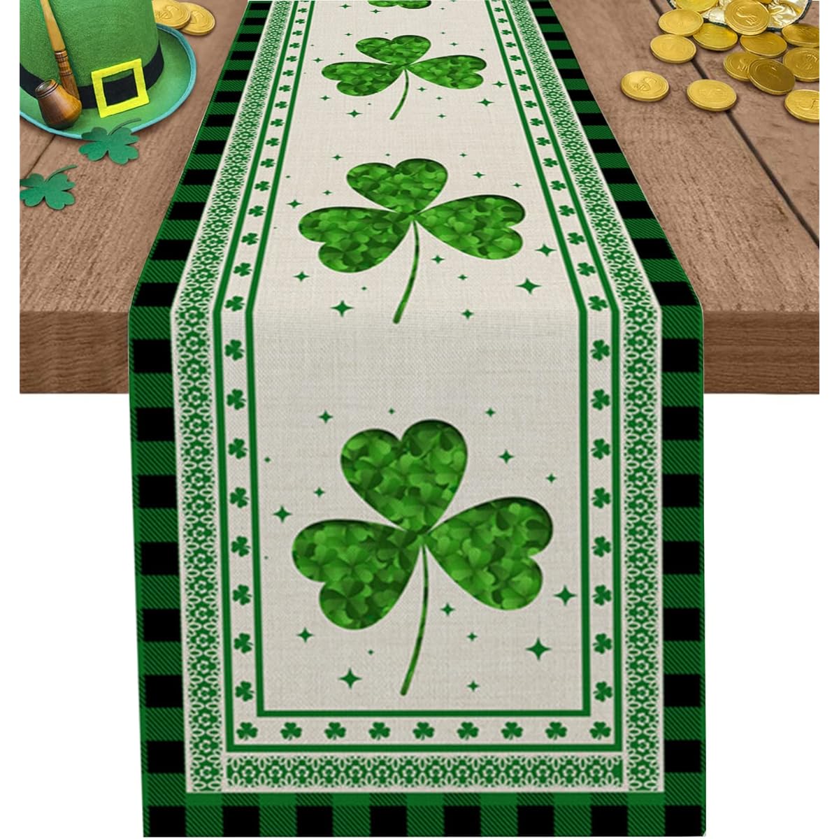 St. Patrick's Day Table Runner 36" Long Shamrock Black and Green Buffalo Check for Living Room Cotton Linen Farmhouse Table Runner for Wedding/Party 13x36"