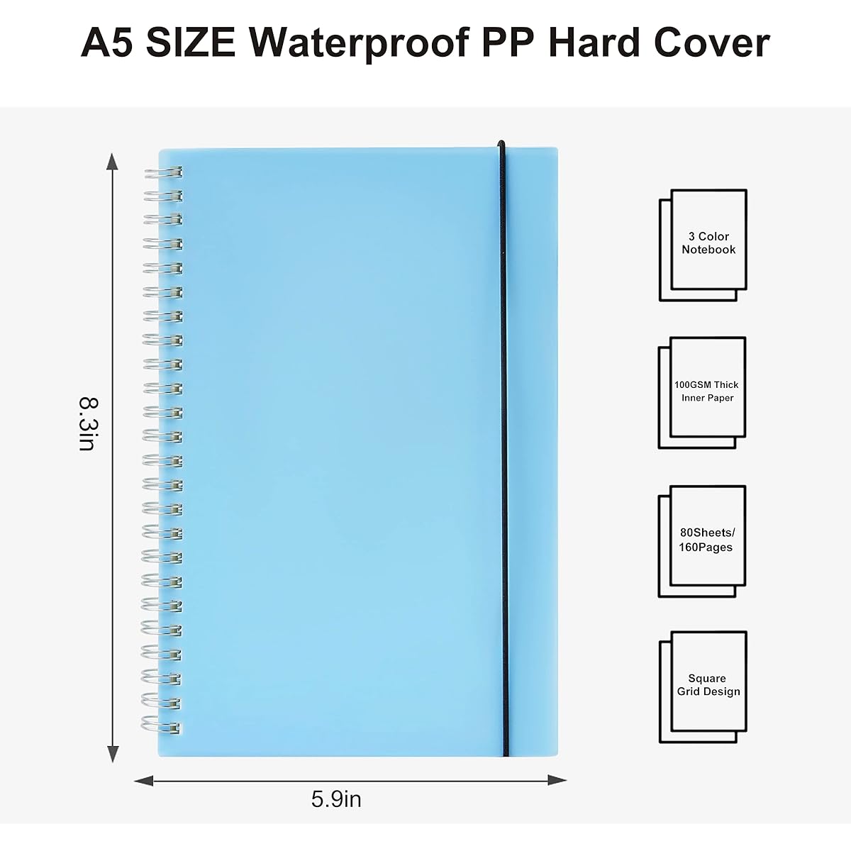 MSTONAL 3 Pack Spiral Notebook A5 Square Journal Notebook 5.8" x 8.3" 100gsm 5x5mm Square Paper 80 Sheets/160 Pages Grid Spiral Notebook Journal for Writing Sketchbook